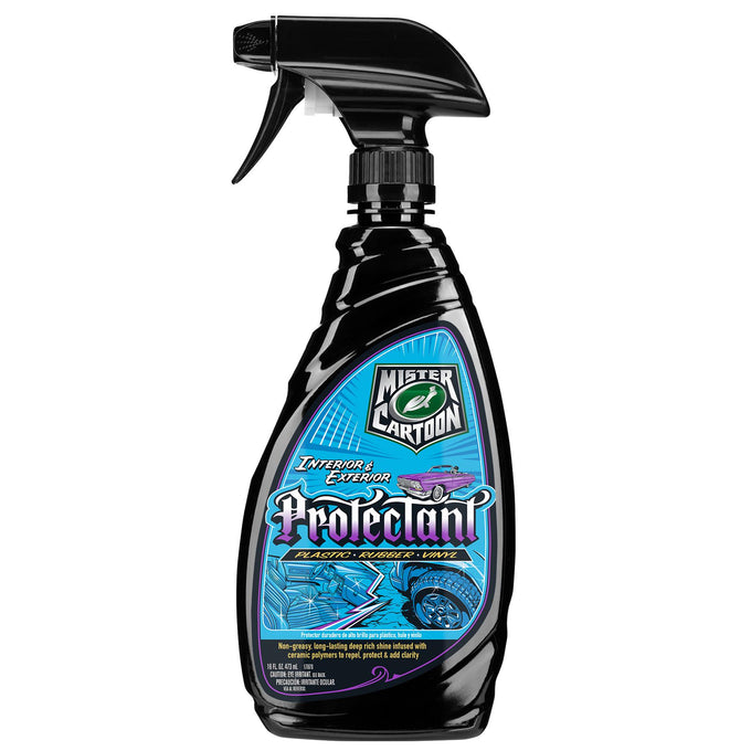 Mister Cartoon Interior & Exterior Protectant: plastic, rubber & vinyl solution. Gives a non-greasy deep rich shine. 16 FL OZ (473 mL).