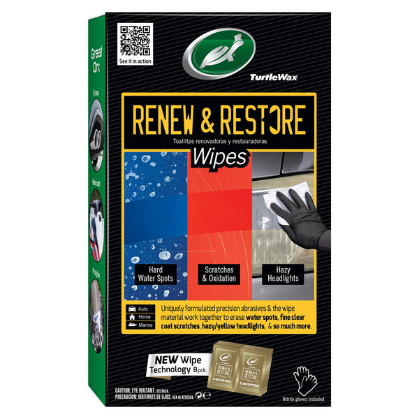 Turtle Wax Renew & Restore Wipes remove water spots, scratches & hazy headlights. For auto, home, and marine. Gloves included.