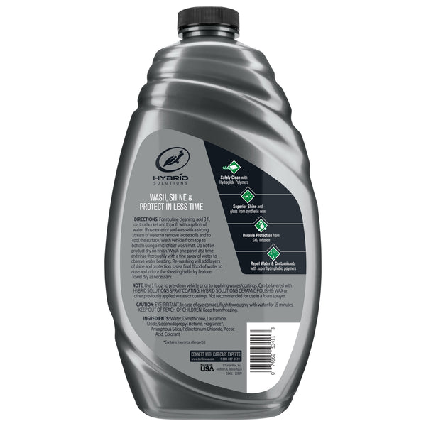 Bottle of Turtle Wax Hybrid Solutions Wash & Wax. Cleans & adds shine. Contains SiO2 for durable protection. Repels water. Made in USA.