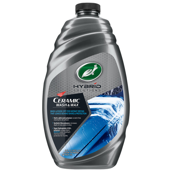 Turtle Wax Hybrid Solutions Ceramic Wash & Wax in a 48 oz gray bottle. Auto detailing for instant shine and protection.