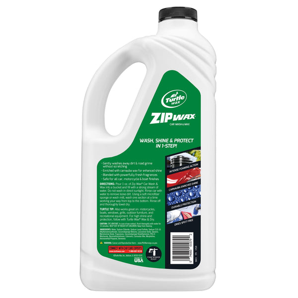 Turtle Wax Zip Wax bottle. Automotive car wash with carnauba wax. Washes, shines, and protects. Made in USA.