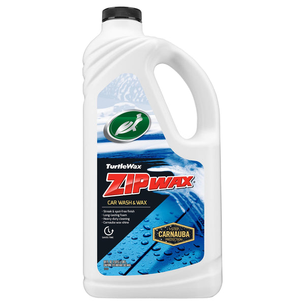 Turtle Wax Zip Wax bottle featuring car wash & wax, plus a Carnauba protection claim. The logo shows a turtle on the white container.