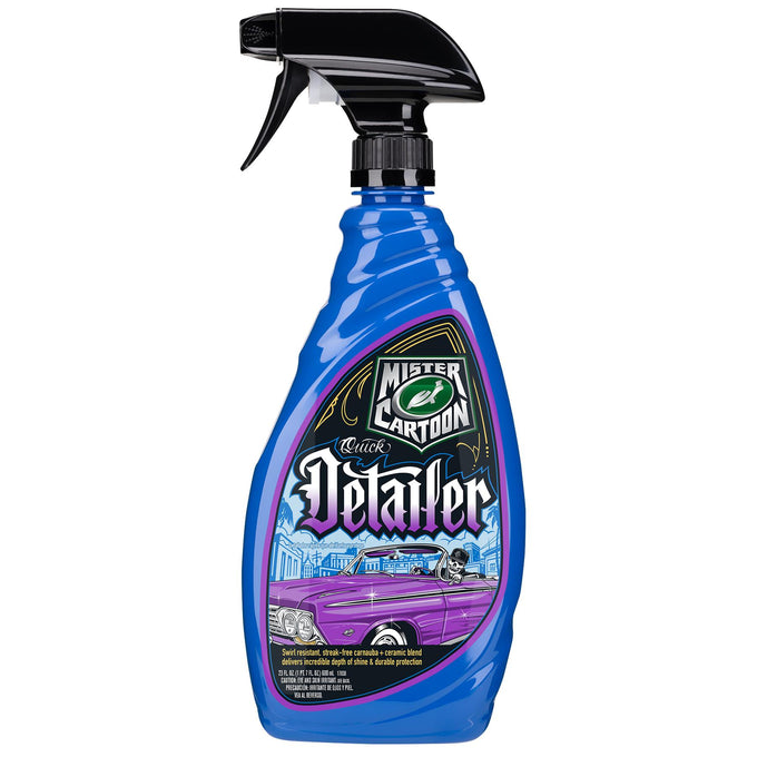 Mister Cartoon Quick Detailer in blue bottle. Car graphic features lowrider with skull driver and city background.
