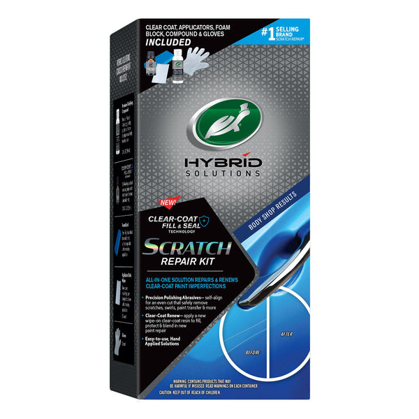 Boxed Turtle Wax Hybrid Solutions Scratch Repair Kit. Includes clear coat applicators, foam block, compound & gloves. Body shop results shown.