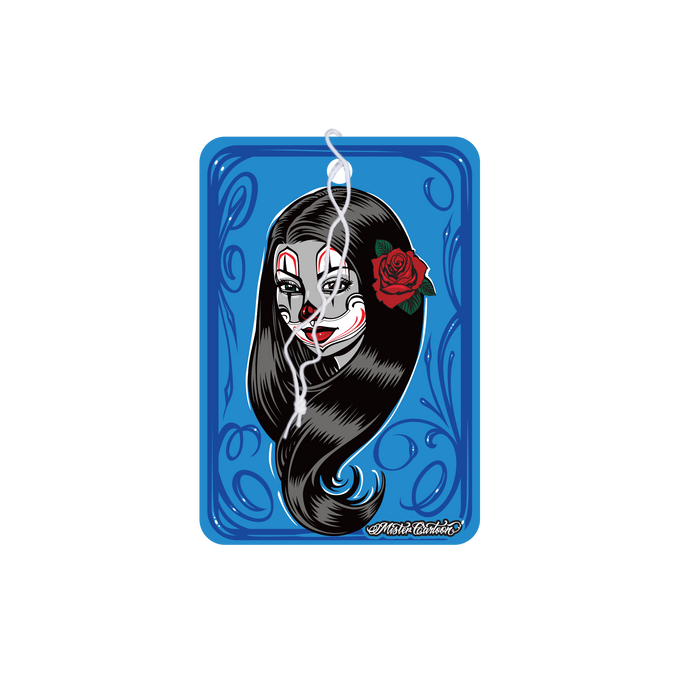 Blue paper card with a woman in clown makeup and a rose on her hair.