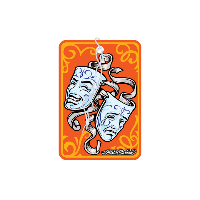 Paper car freshener with comedy and tragedy theatrical masks on orange background. Fresh scent.